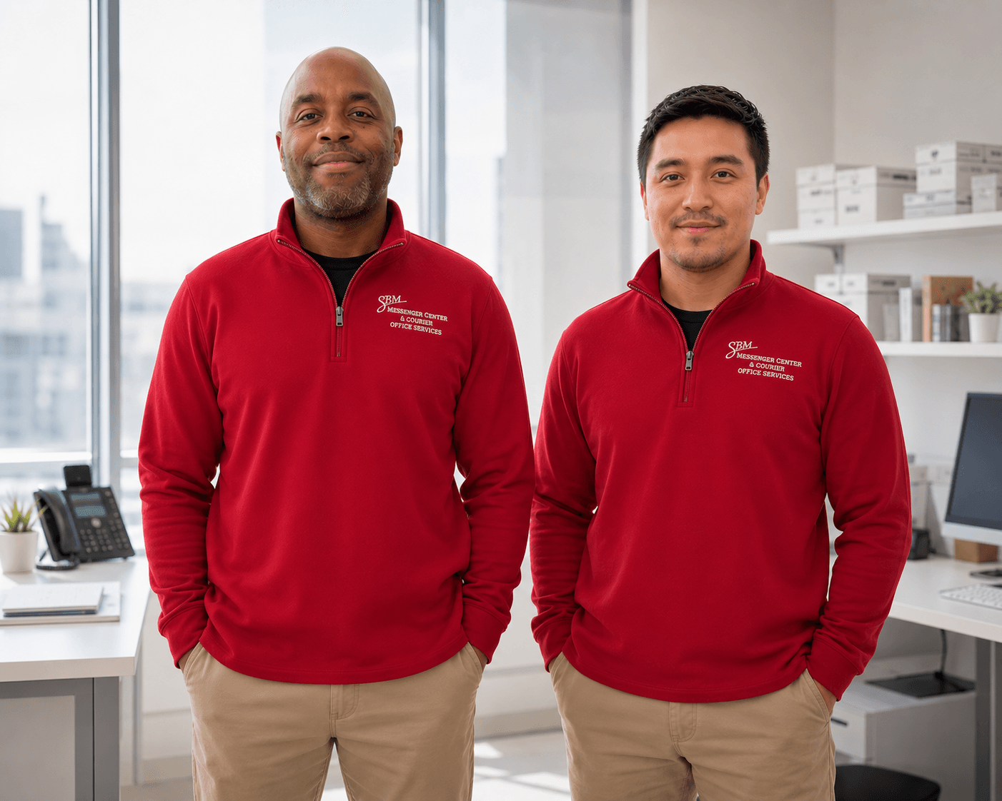 Two uniformed SBM team members inside a commercial mailroom